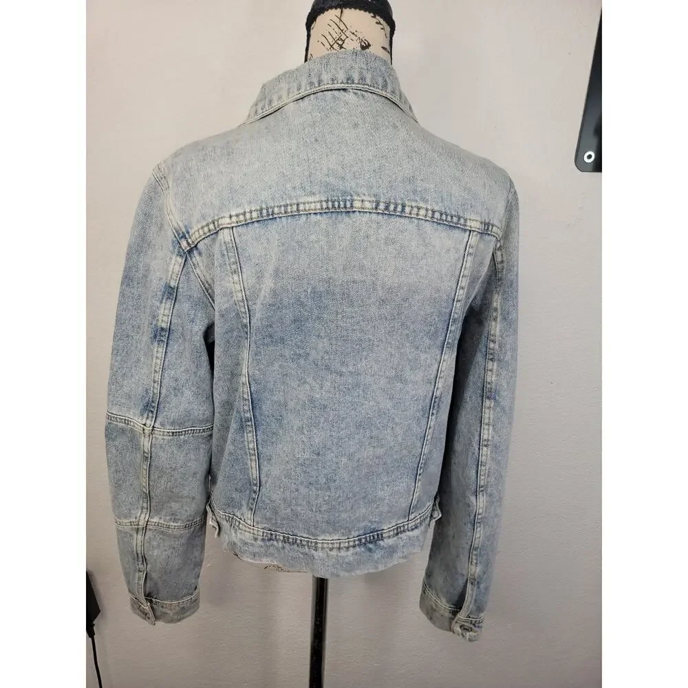 FREE PEOPLE Denim Tracker Jacket Sz Medium Distressed Destroy Gorpcore Boho - Picture 6 of 10